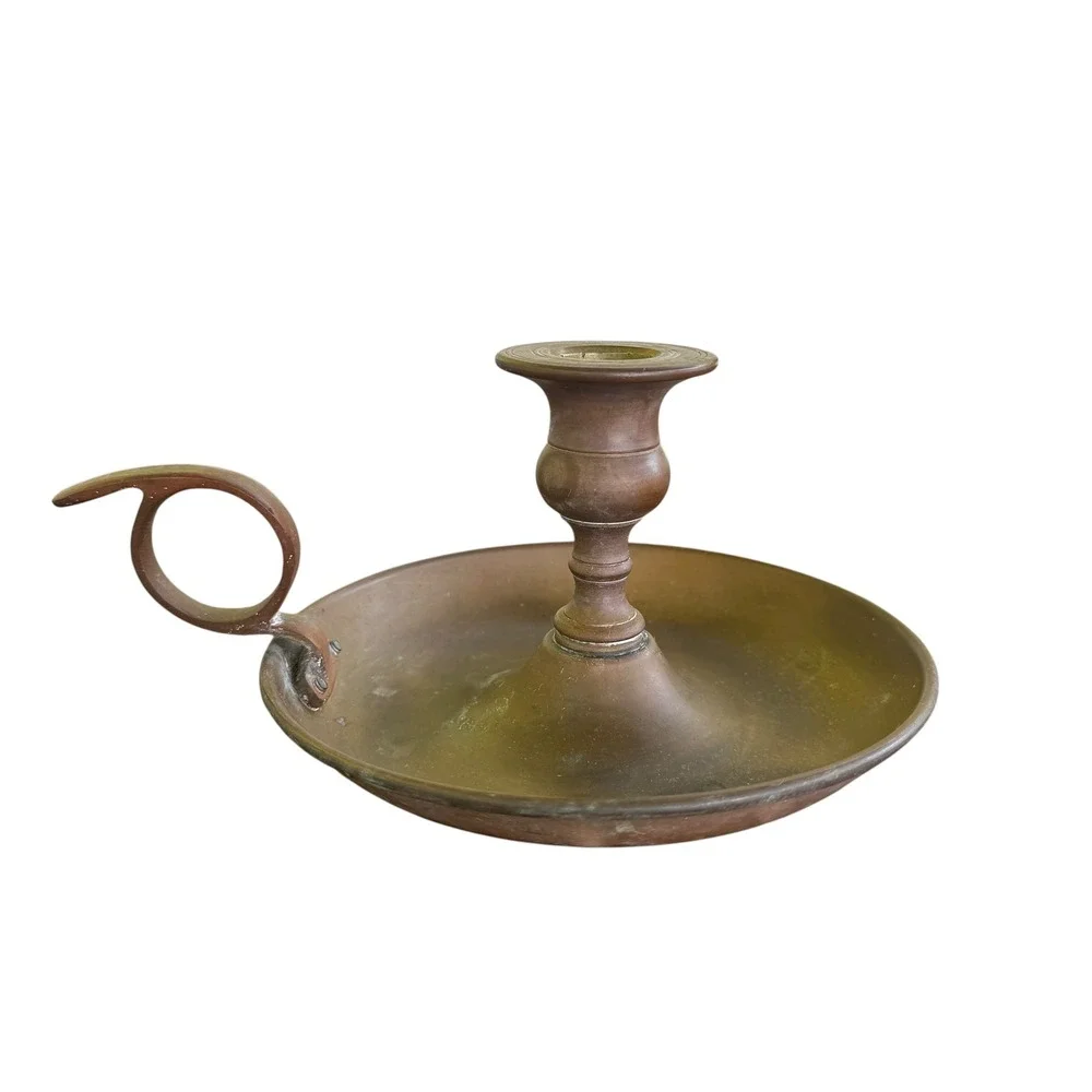 Vintage Brass Chamberstick Candle Holder Finger Loop Saucer Base Taper Antique